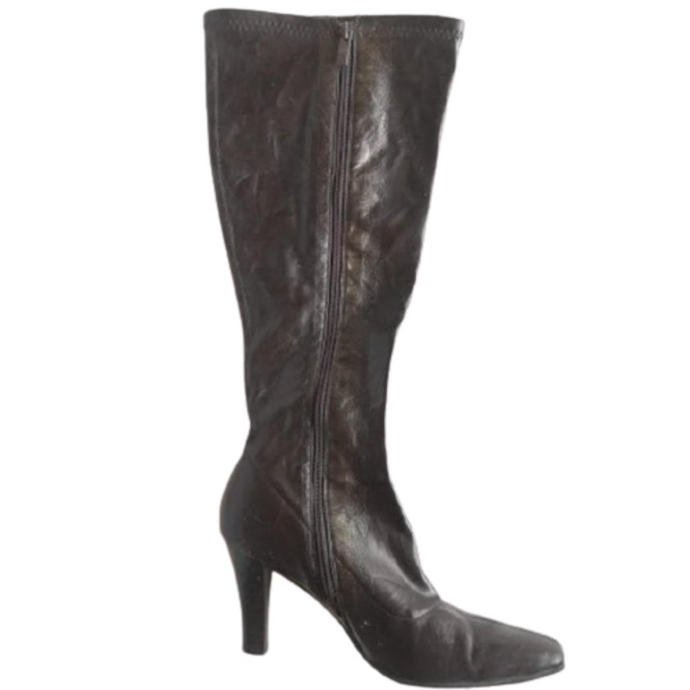 Brown Crinkled Heeled Faux Leather Boots Size 9